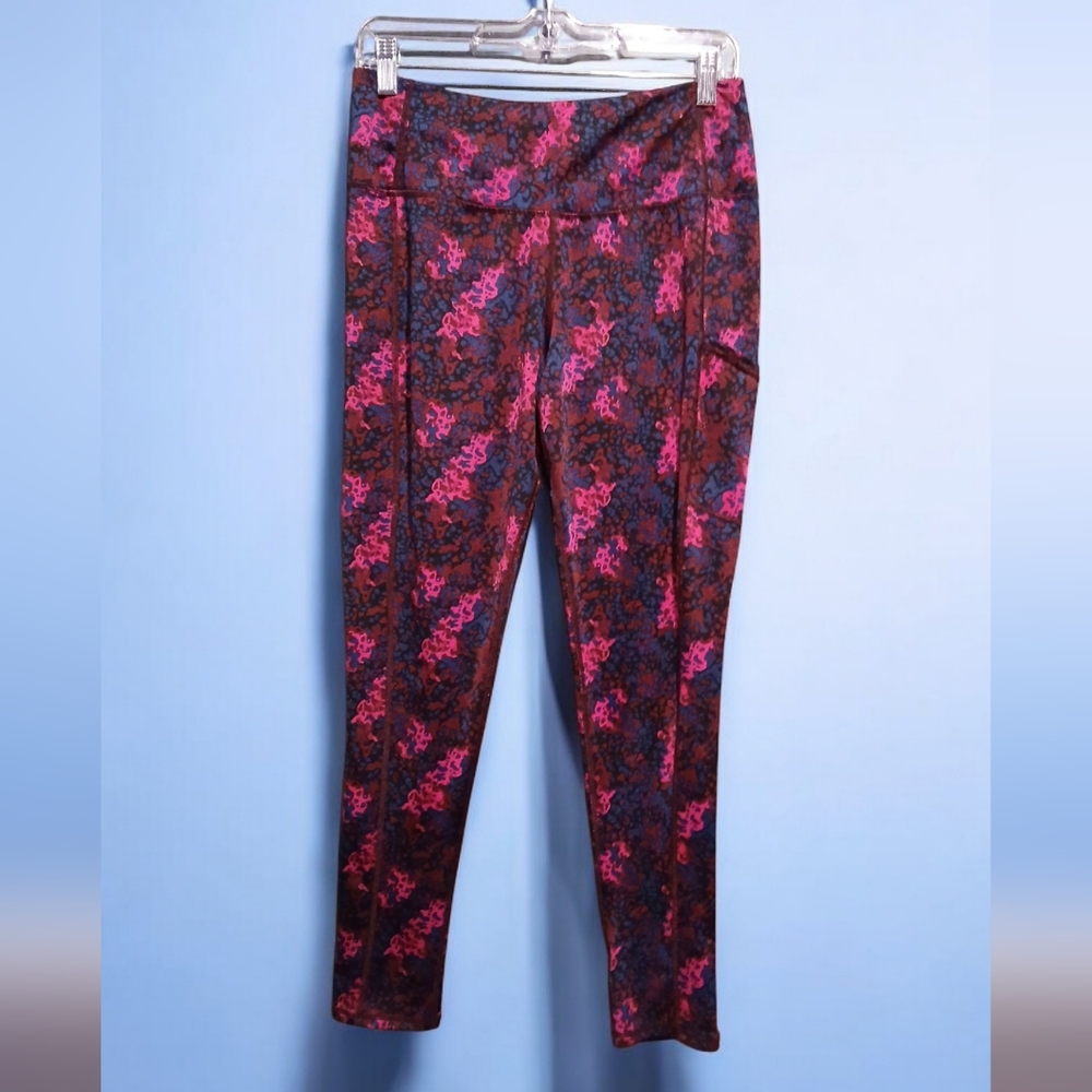 Crane Pink Blue Floral Ankle Leggings Womans Cell Phone Pocket size Medium
